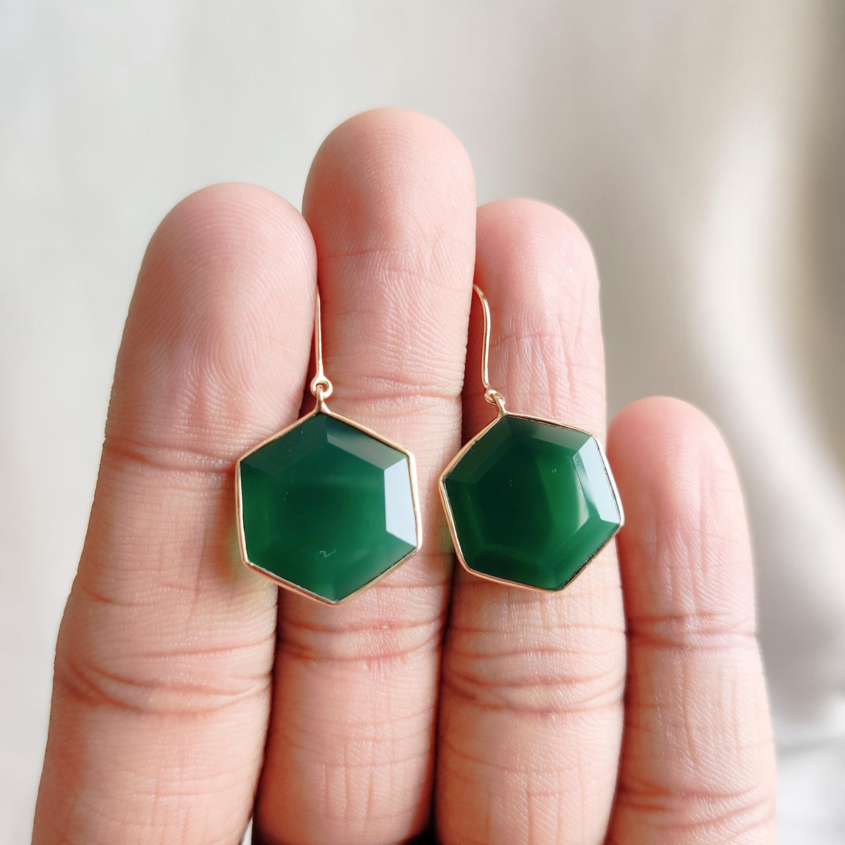 14K Solid Yellow Gold Natural Green Onyx Hexagon Earrings, November Birthstone