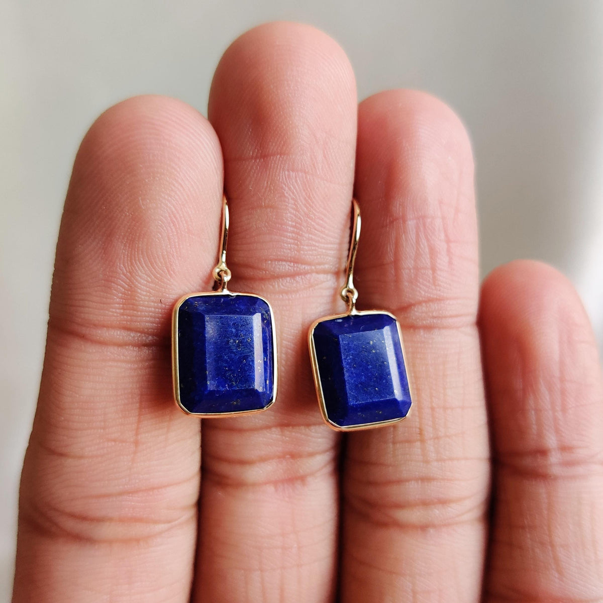14K Solid Yellow Gold Natural Lapis Lazuli Octagon Bezel Earrings, September Birthstone