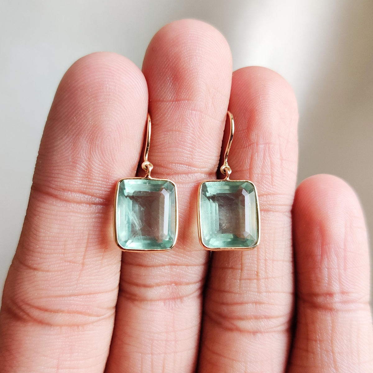 14K Solid Gold Natural Fluorite Bezel Set Earring, March Birthstone