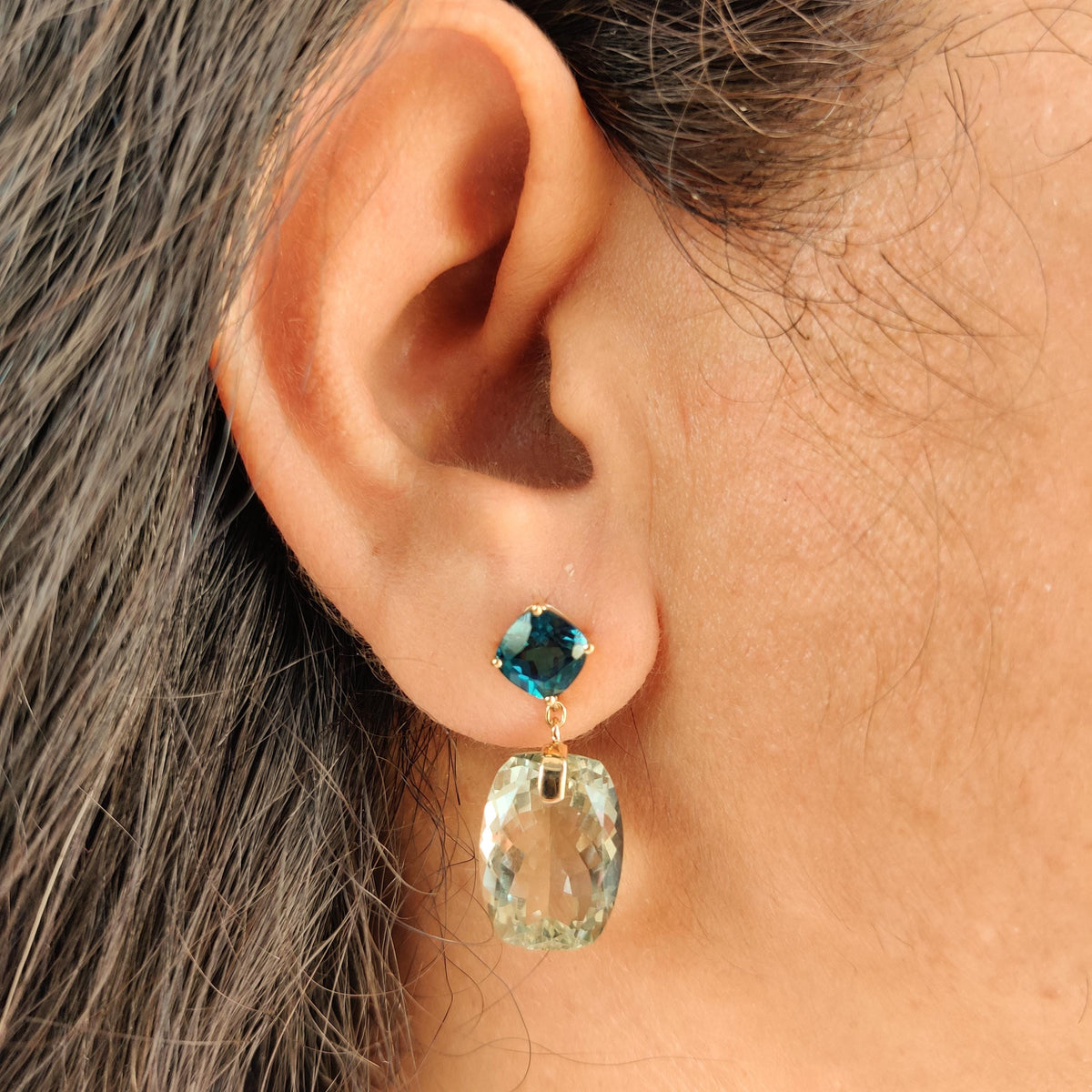 Natural London Blue Topaz and Green Amethyst Earrings, 14K Solid Yellow Gold Studs