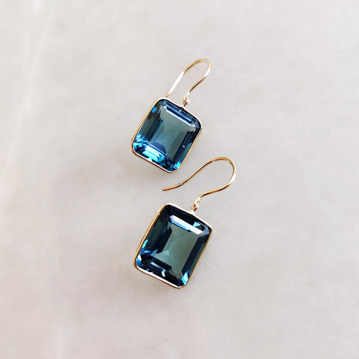 Natural London Blue Topaz Earrings, 14K Solid Yellow Gold Bezel, December Birthstone