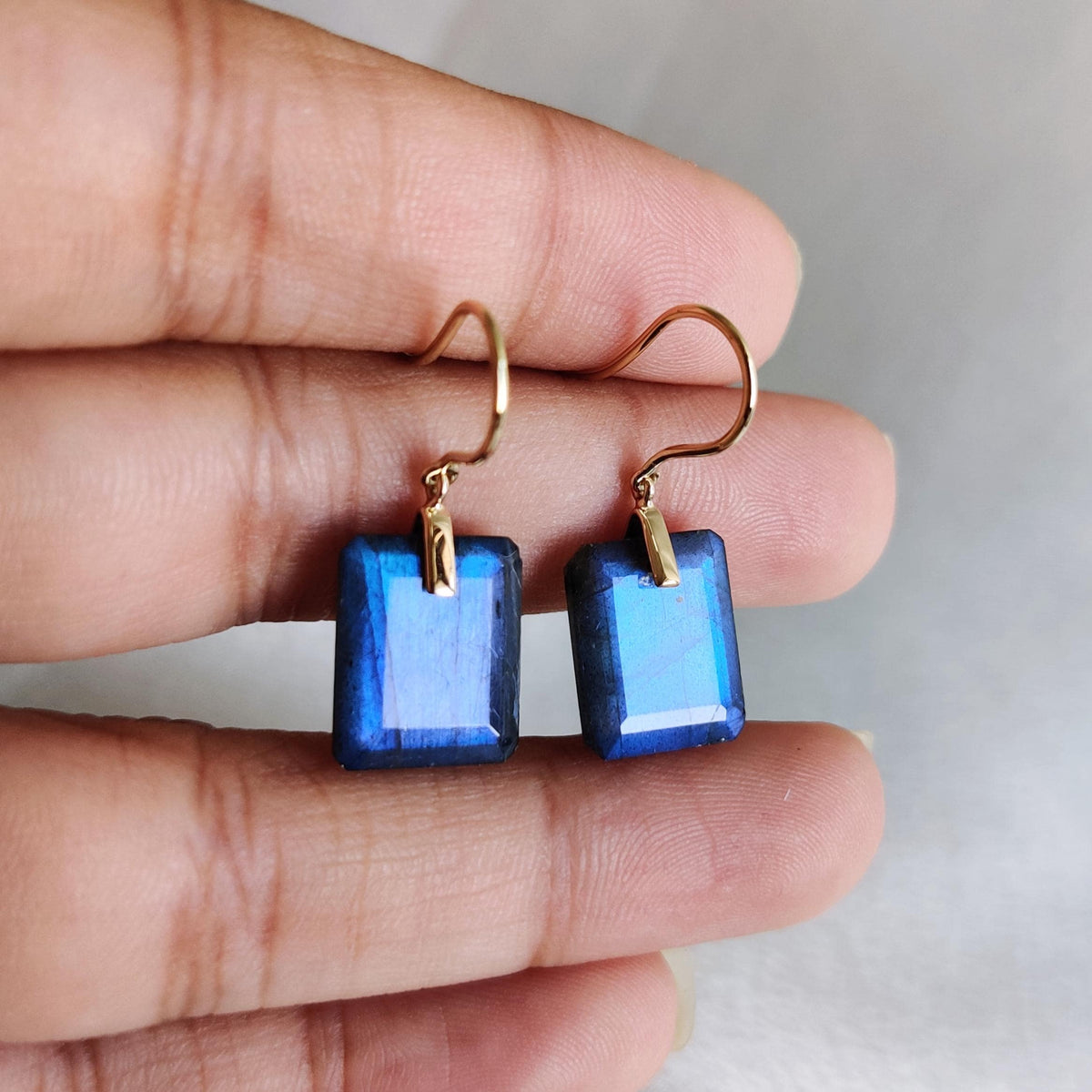 Natural Blue Labradorite Octagon Drill 14K Solid Gold Earrings, November Birthstone