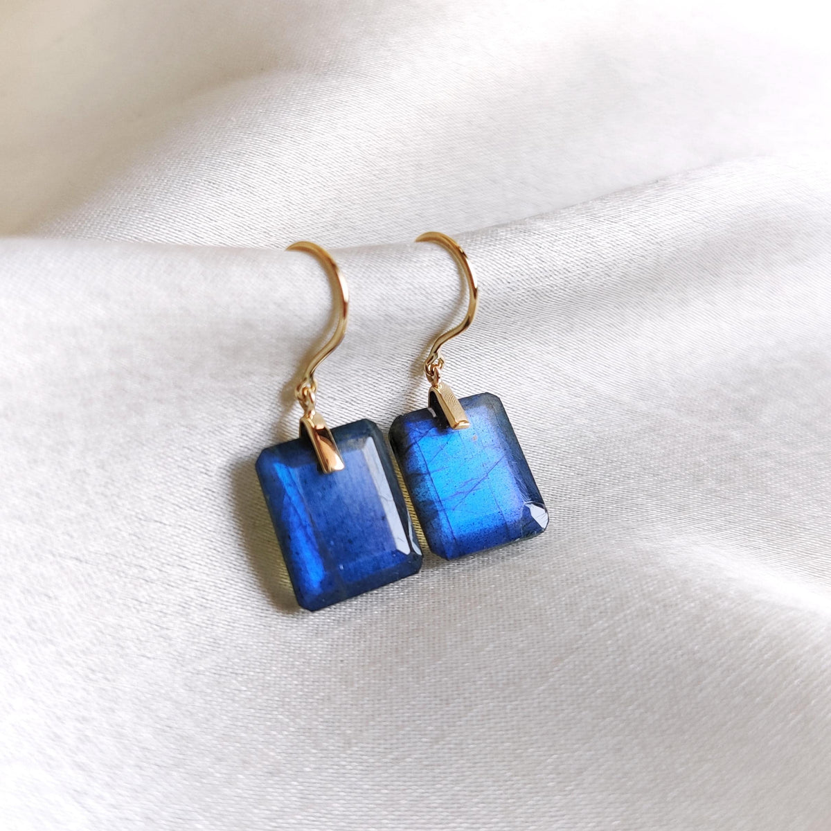 Natural Blue Labradorite Octagon Drill 14K Solid Gold Earrings, November Birthstone