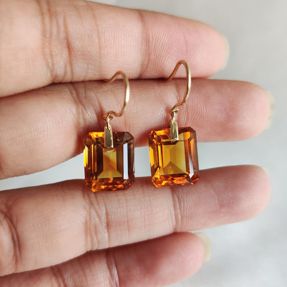 14K Solid Gold Natural Citrine Octagon Drill Earrings, November Birthstone