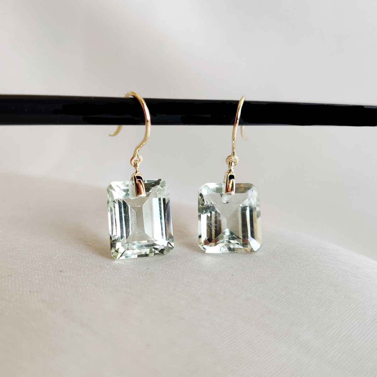 14K Solid Yellow Gold Natural Green Amethyst Drill Earrings, February Birthstone, Christmas Present
