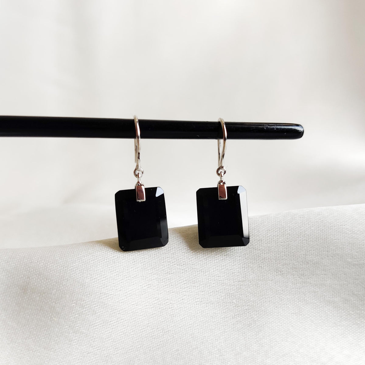 14K Solid White Gold Natural Black Onyx Octagon Drill Earrings, December Birthstone
