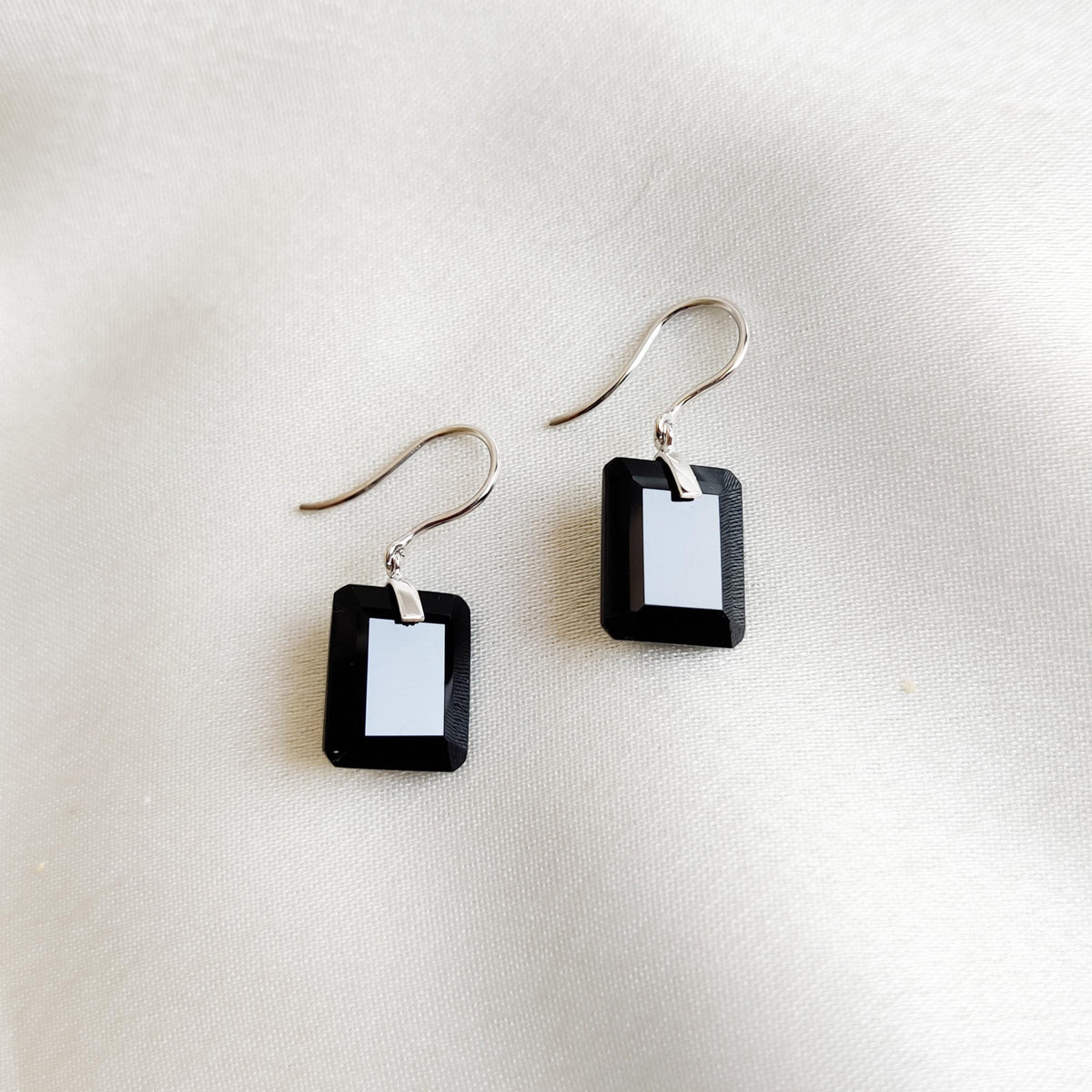 14K Solid White Gold Natural Black Onyx Octagon Drill Earrings, December Birthstone