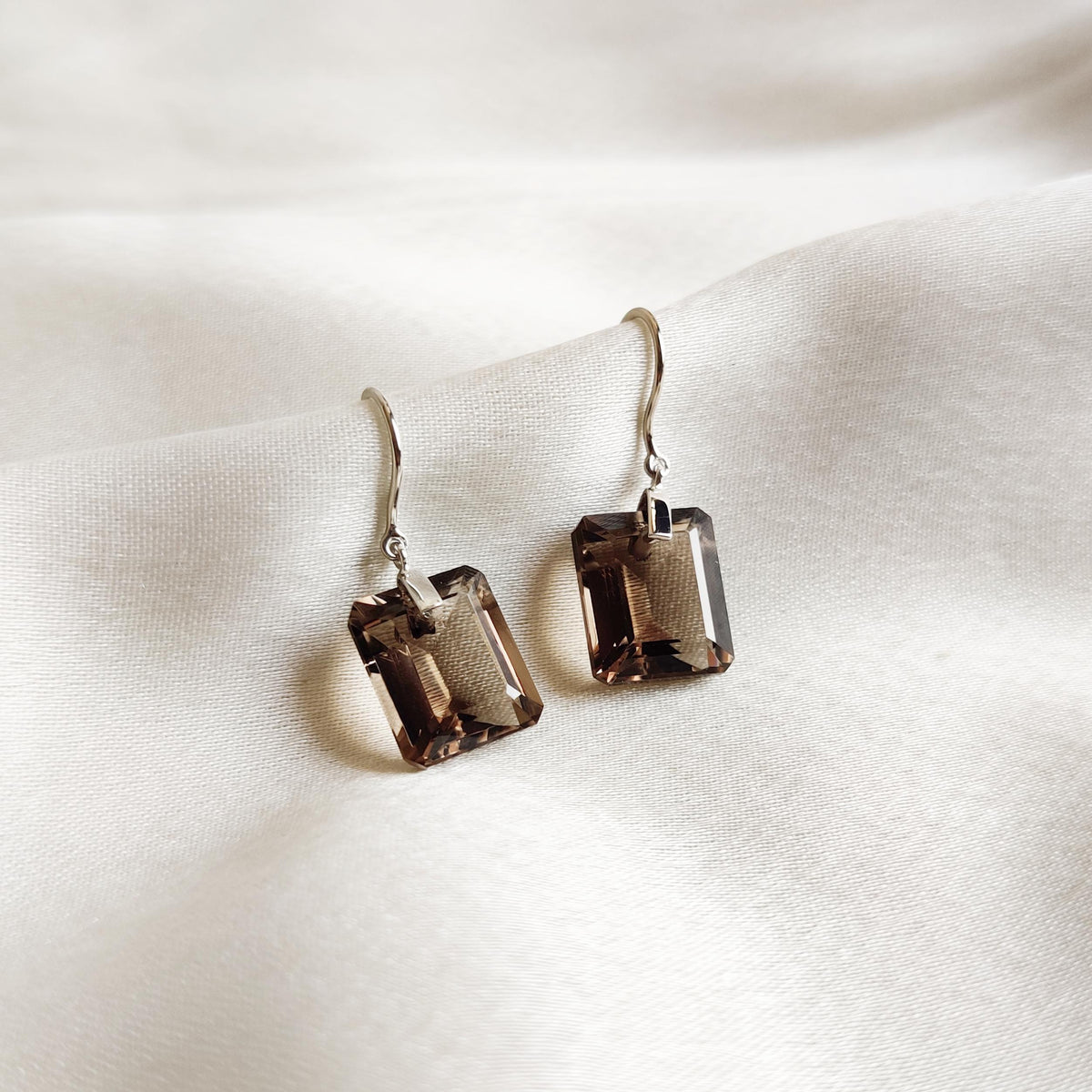 Natural Smoky Quartz Earrings, 14K Solid White Gold Emerald Cut Drill  Jewelry