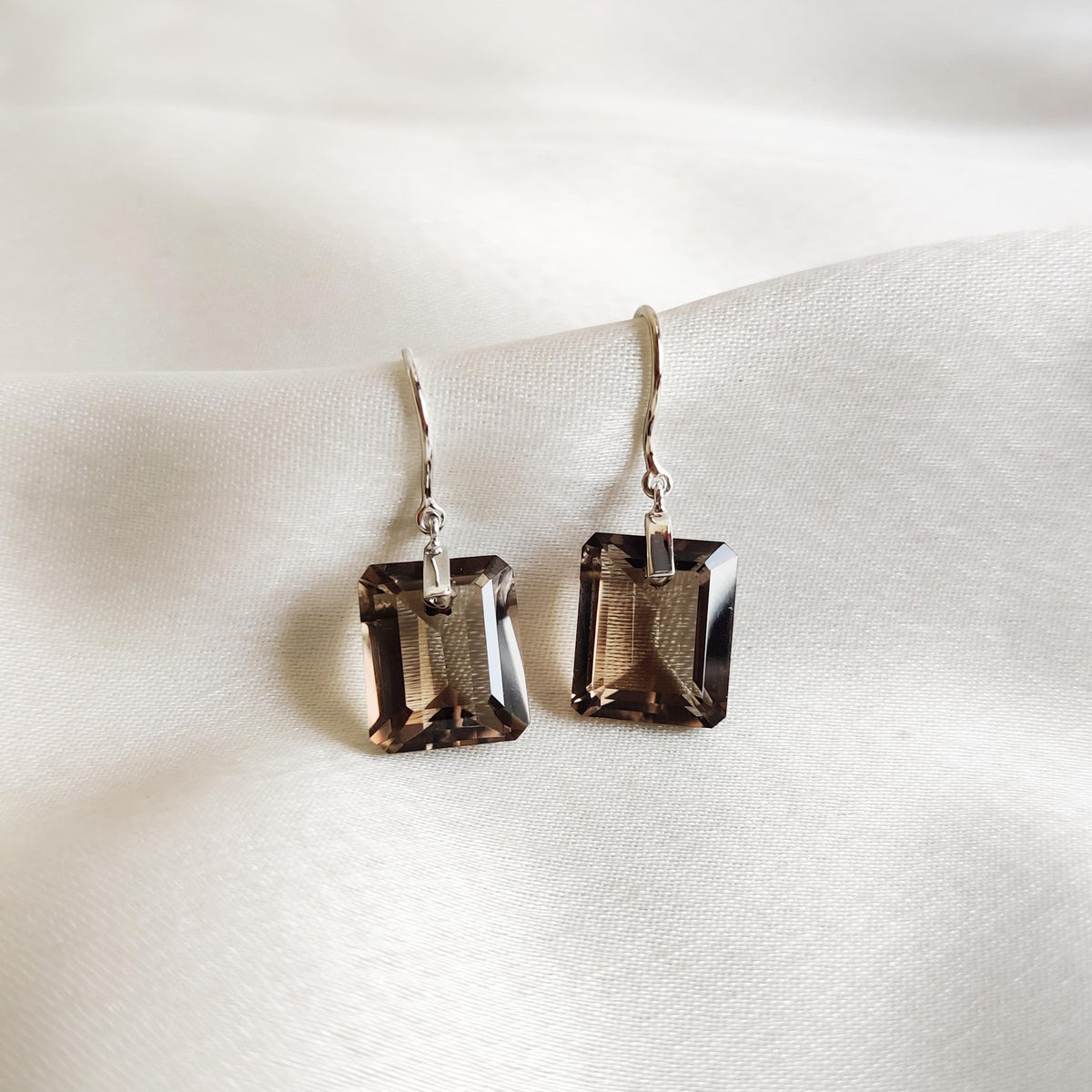 Natural Smoky Quartz Earrings, 14K Solid White Gold Emerald Cut Drill  Jewelry