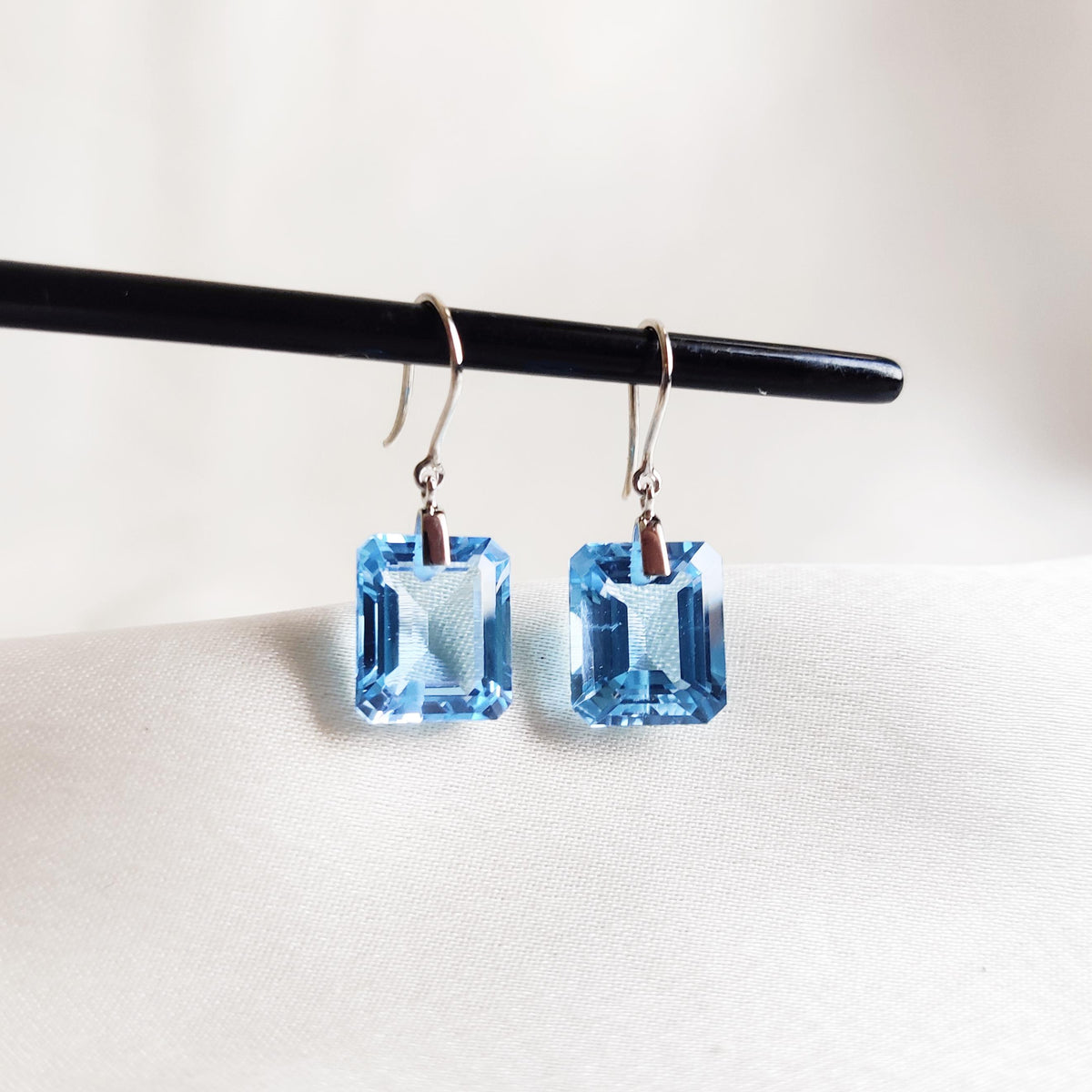 Natural Swiss Blue Topaz Octagon Drill Earrings, 14K Solid White Gold, December Birthstone