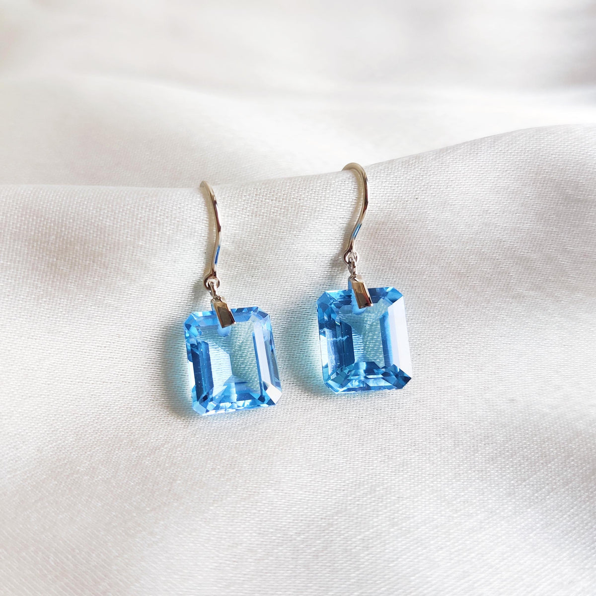 Natural Swiss Blue Topaz Octagon Drill Earrings, 14K Solid White Gold, December Birthstone
