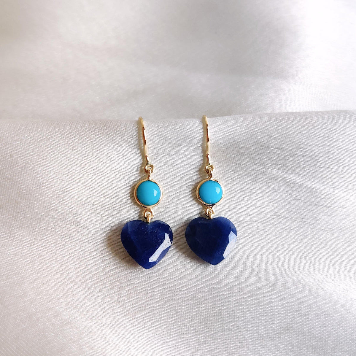 14K Solid Yellow Gold Natural Turquoise & Blue Sapphire Heart Earrings, September December Birthstone