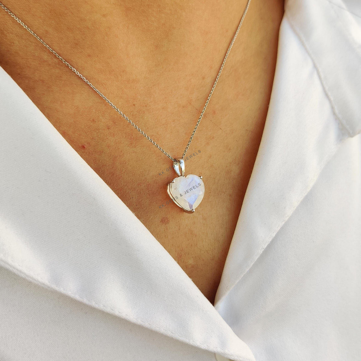 Natural Rainbow Moonstone Heart Pendant, 14K Solid White Gold, June Birthstone