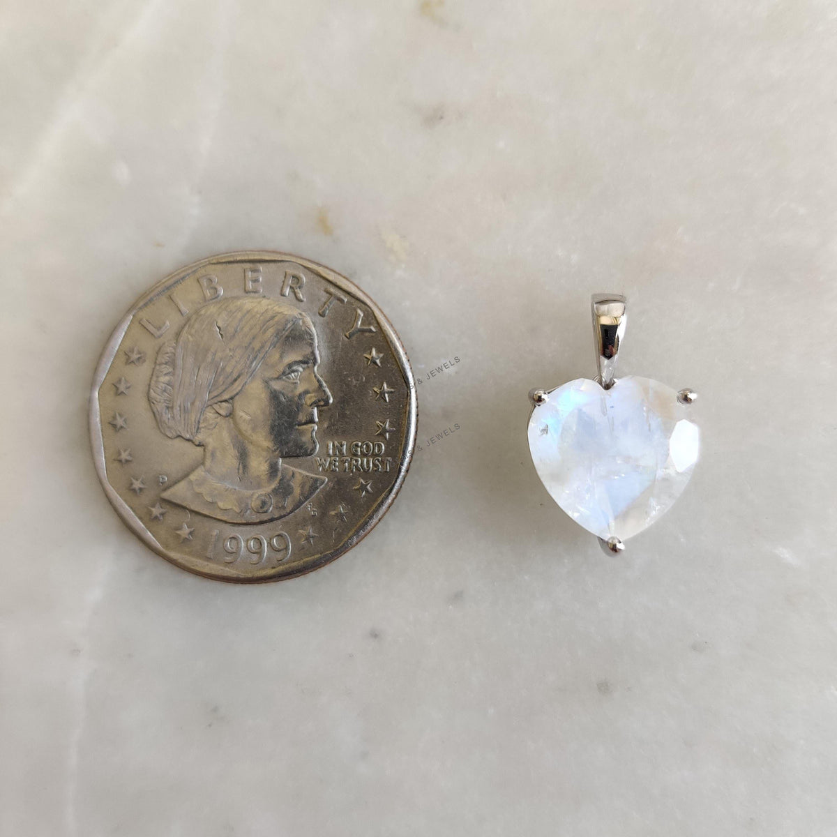 Natural Rainbow Moonstone Heart Pendant, 14K Solid White Gold, June Birthstone