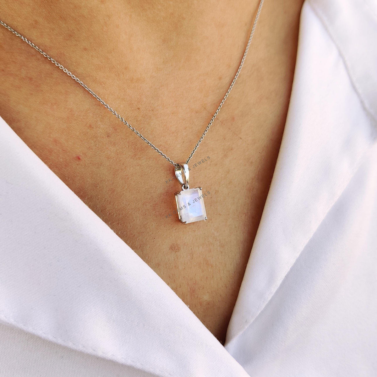 Natural Rainbow Moonstone Octagon Pendant, 14K Solid White Gold, June Birthstone