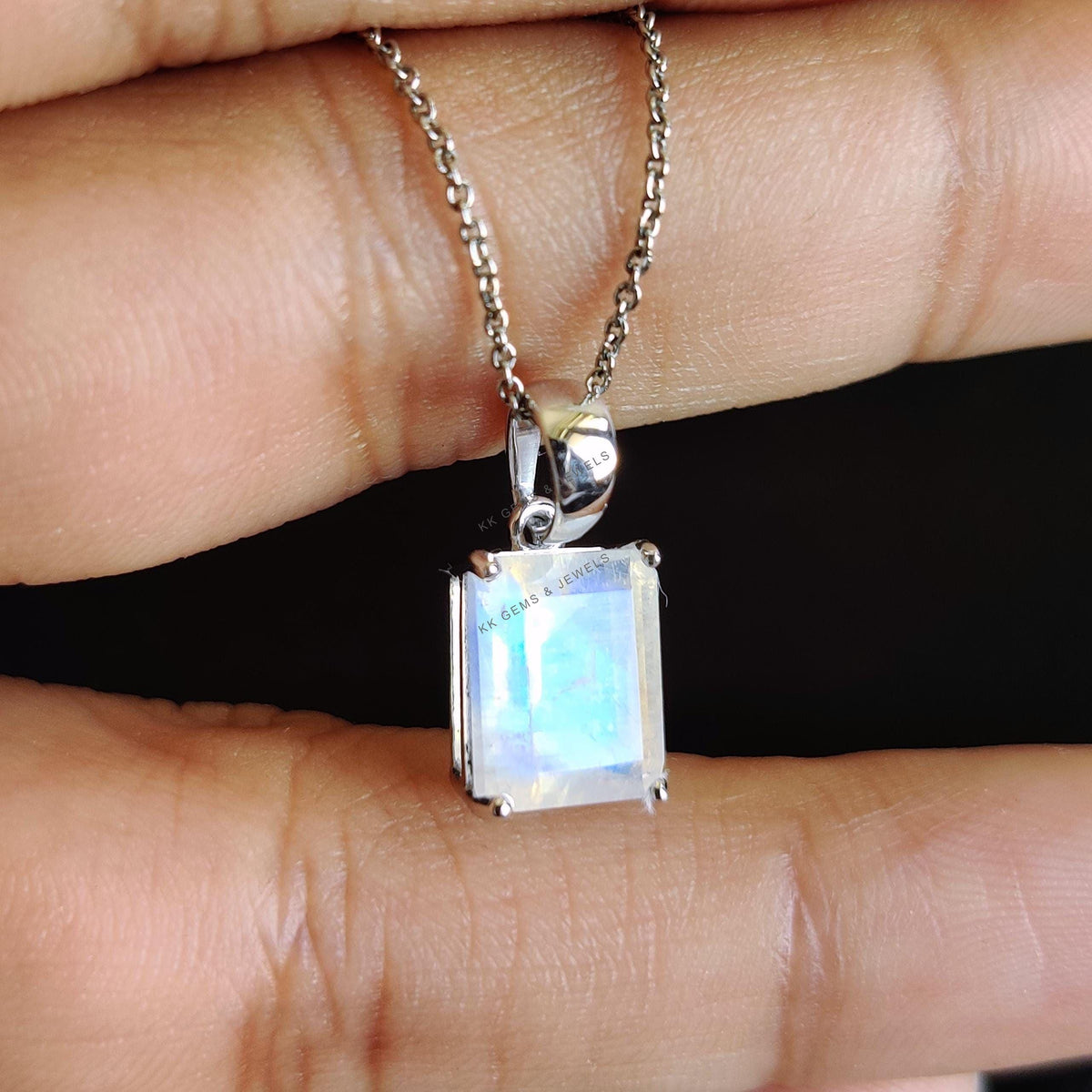 Natural Rainbow Moonstone Octagon Pendant, 14K Solid White Gold, June Birthstone