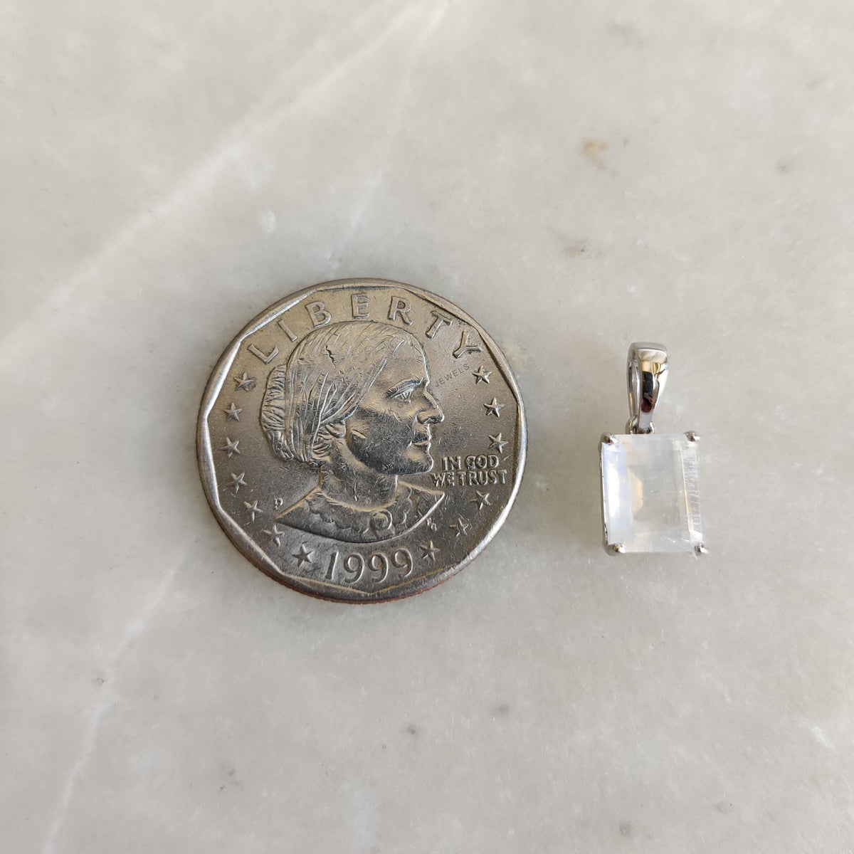 Natural Rainbow Moonstone Octagon Pendant, 14K Solid White Gold, June Birthstone