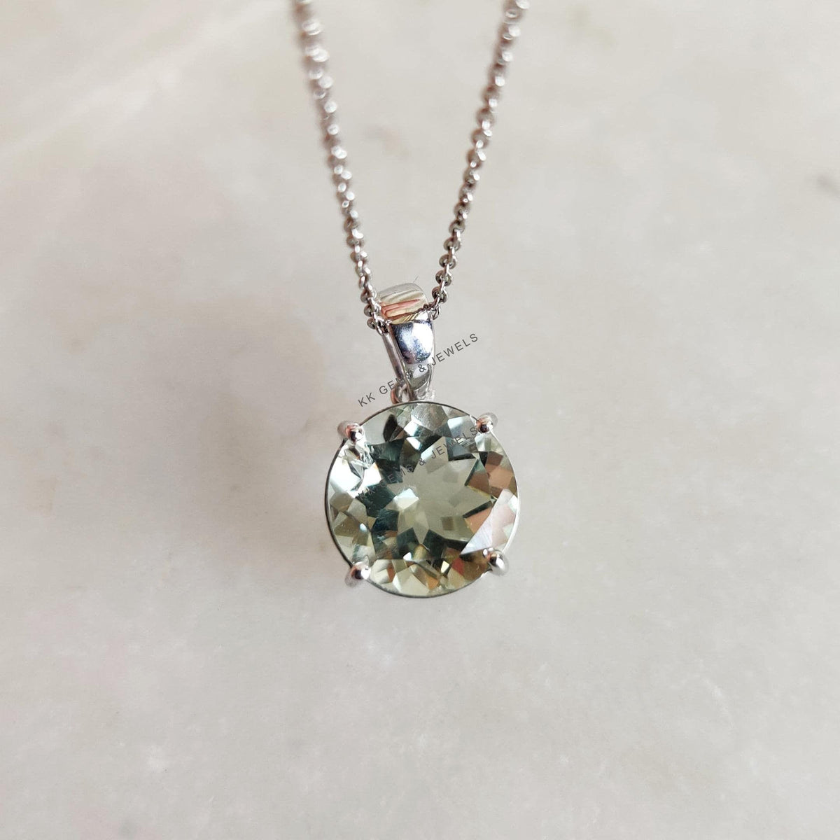 Natural Green Amethyst Pendant, 14K Solid White Gold, February Birthstone
