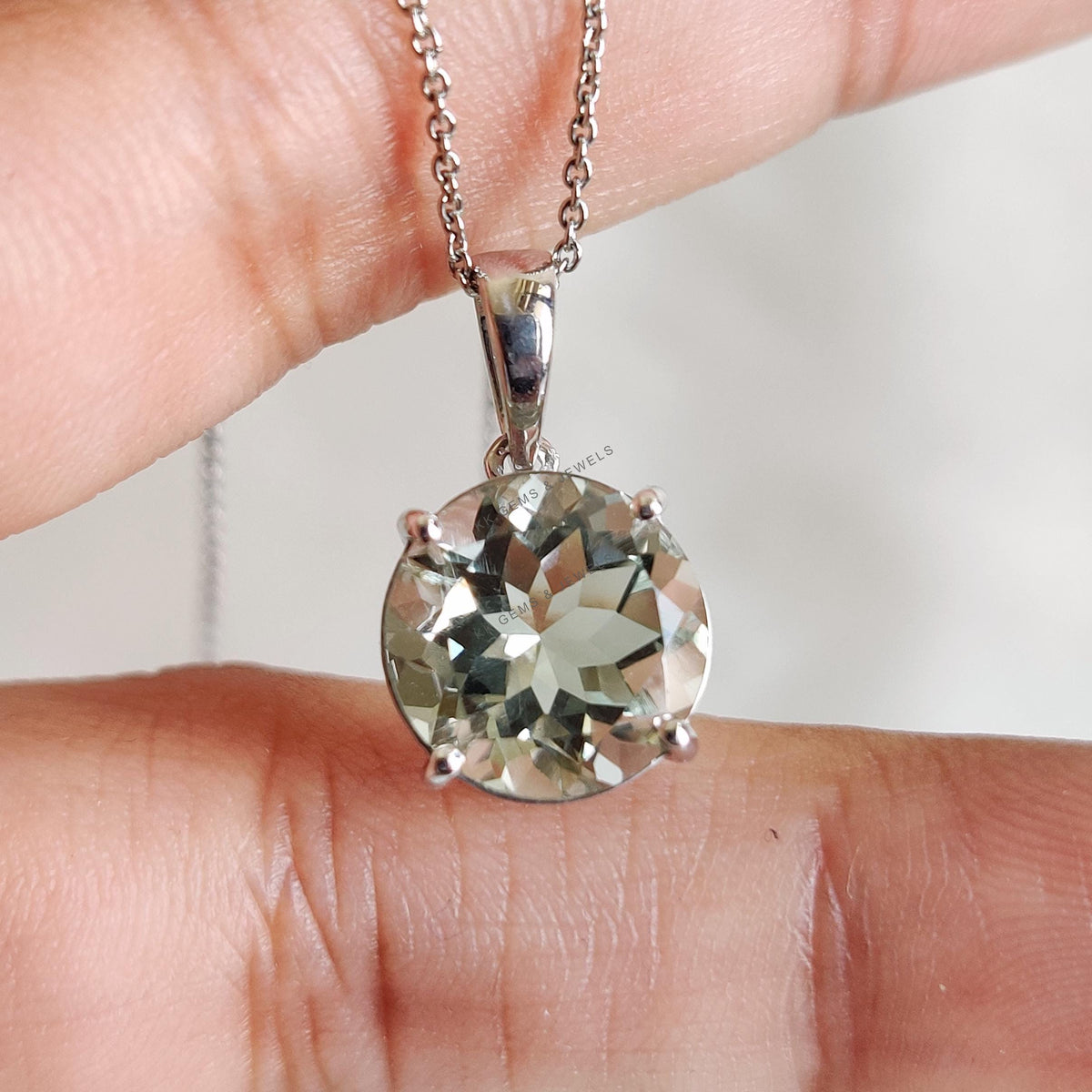 Natural Green Amethyst Pendant, 14K Solid White Gold, February Birthstone