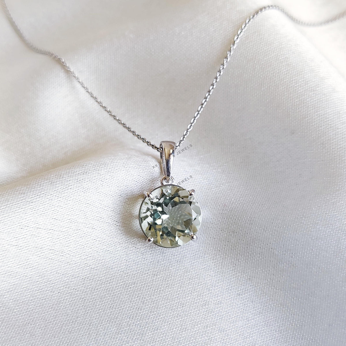 Natural Green Amethyst Pendant, 14K Solid White Gold, February Birthstone