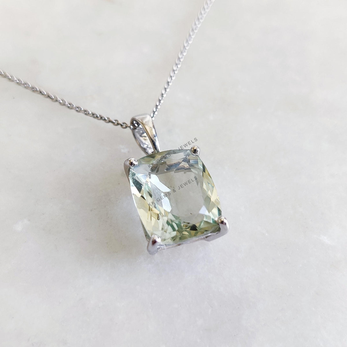Natural Green Amethyst Pendant, 14K Solid White Gold, February Birthstone