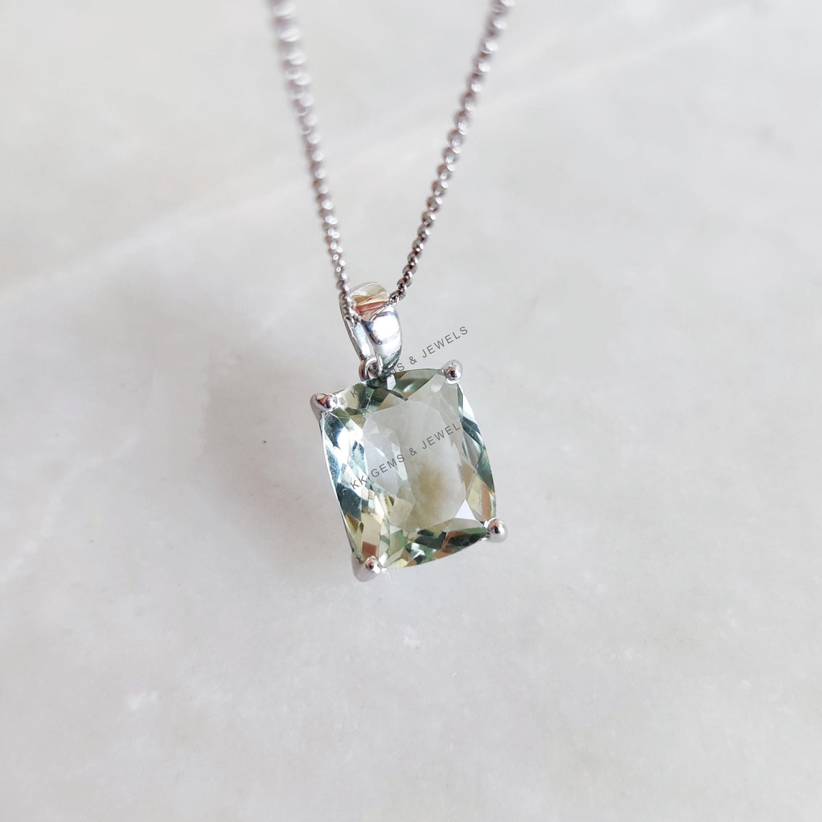 Natural Green Amethyst Pendant, 14K Solid White Gold, February Birthstone