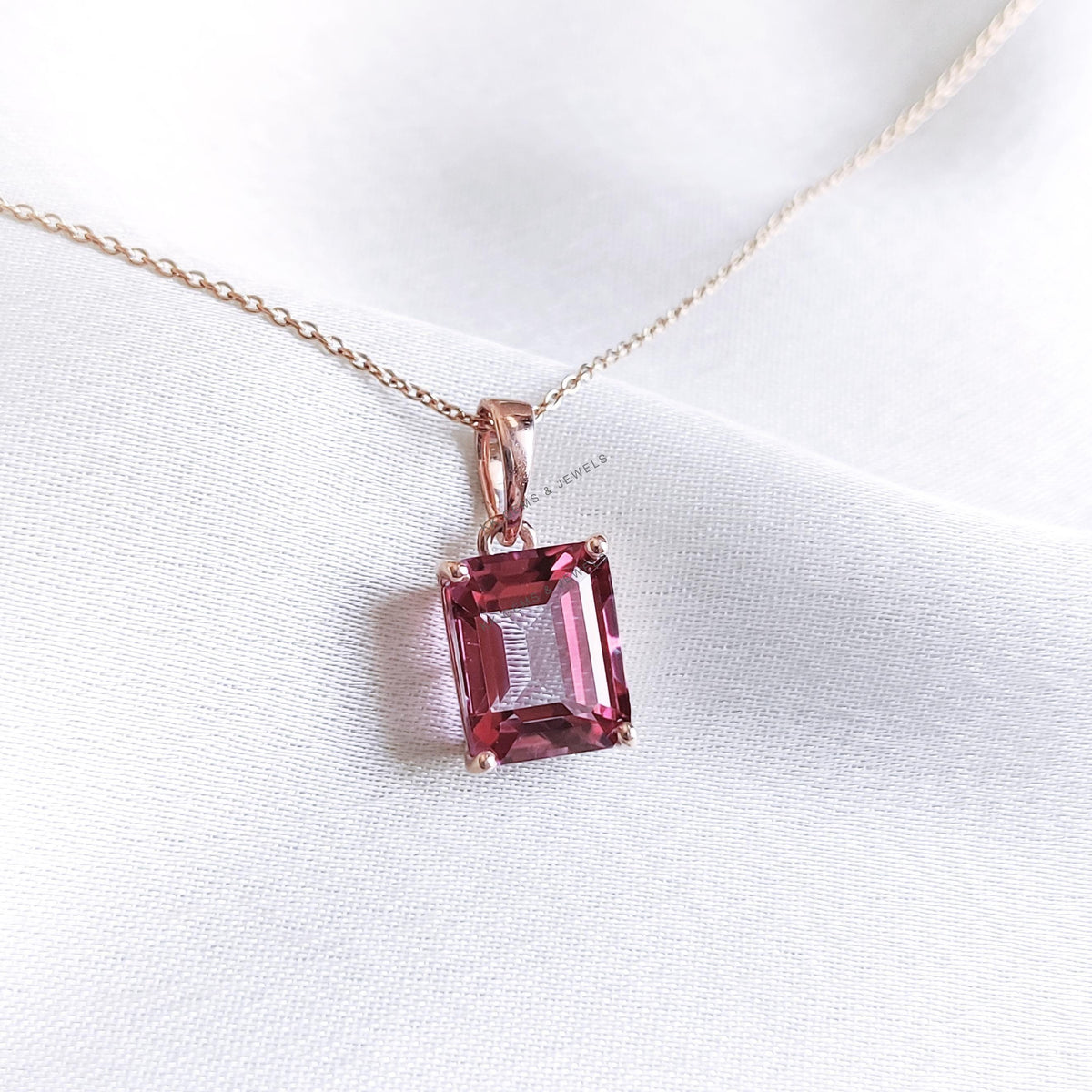 Emerald Cut Natural Pink Topaz Pendant, 14K Solid Rose Gold