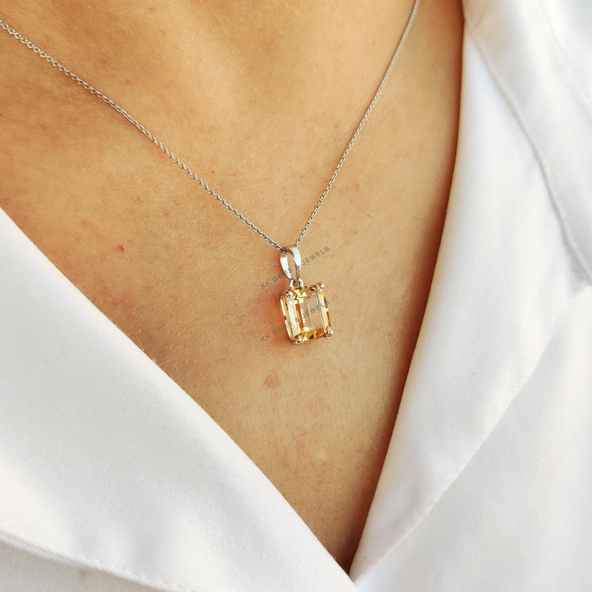 Natural Citrine Pendant, 14K Solid White Gold Emerald Cut, November Birthstone
