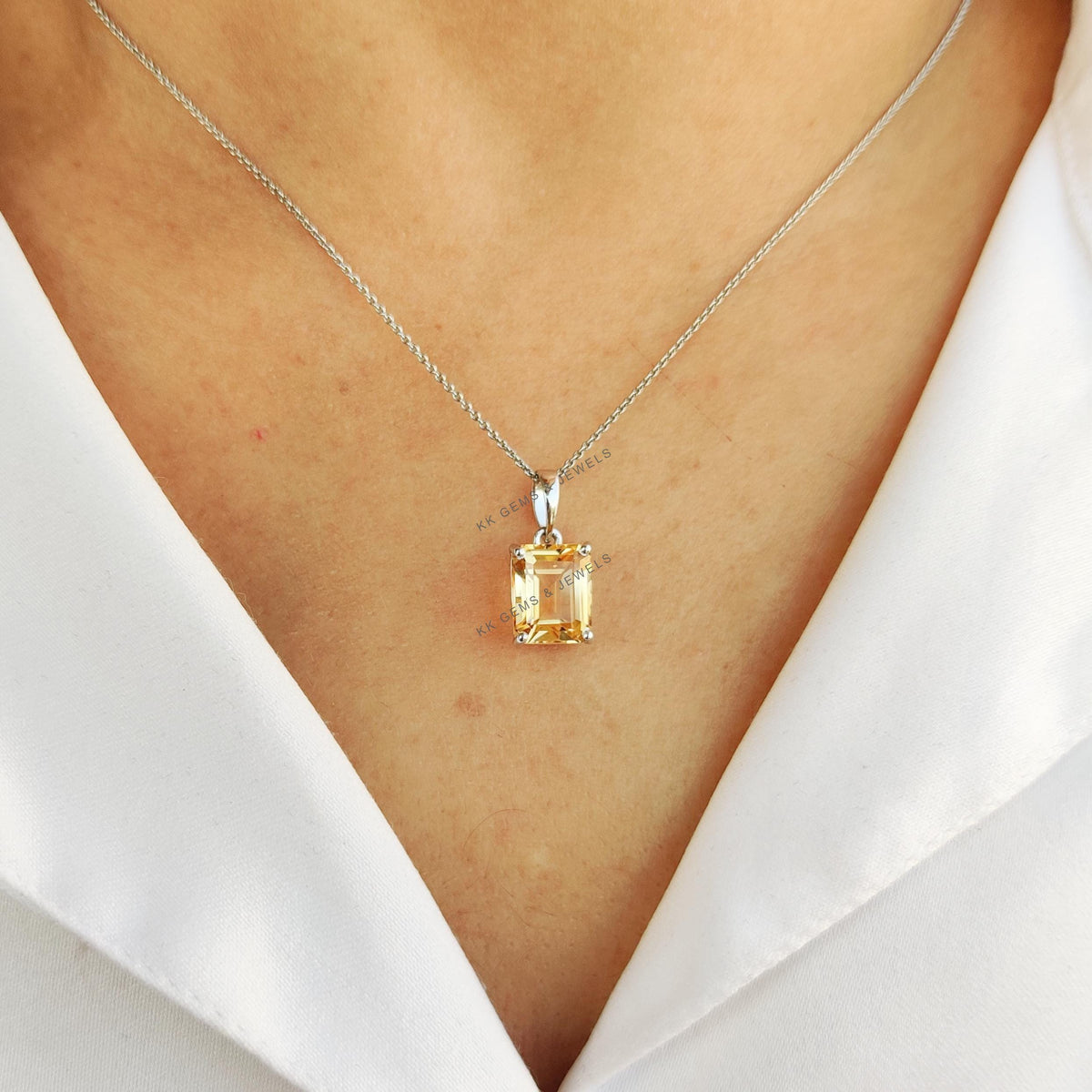Natural Citrine Pendant, 14K Solid White Gold Emerald Cut, November Birthstone