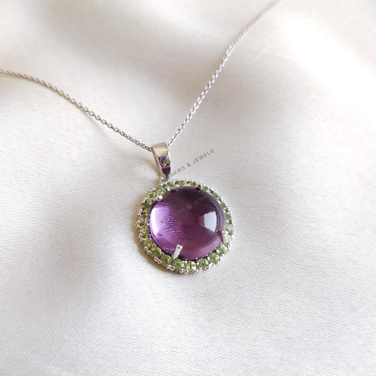 Natural Purple Amethyst & Peridot Pendant, 14K Solid White Gold Pendant, Round Cabochon Halo Jewelry