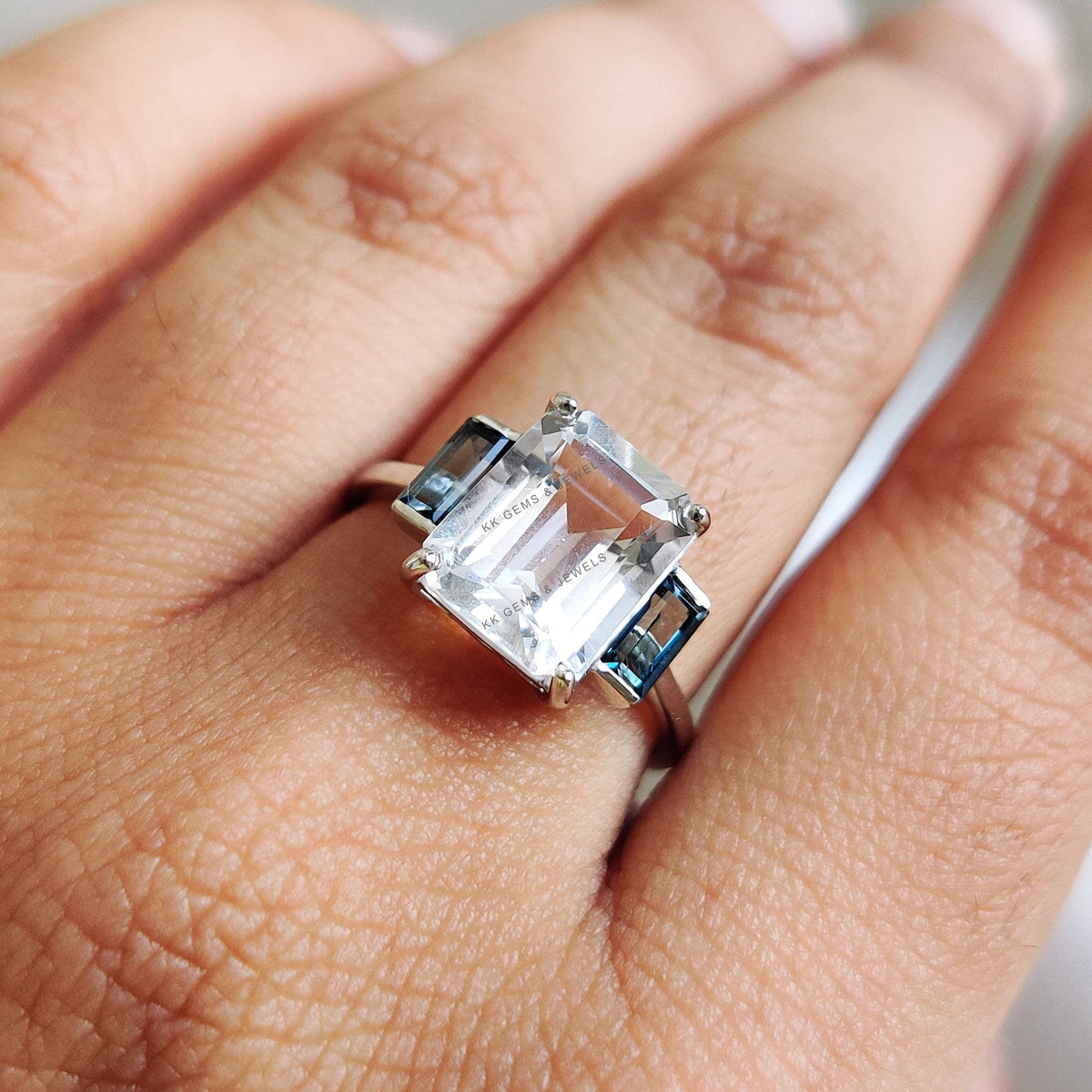 Natural White Topaz & London Blue Topaz 14K Solid White Gold Statement Ring