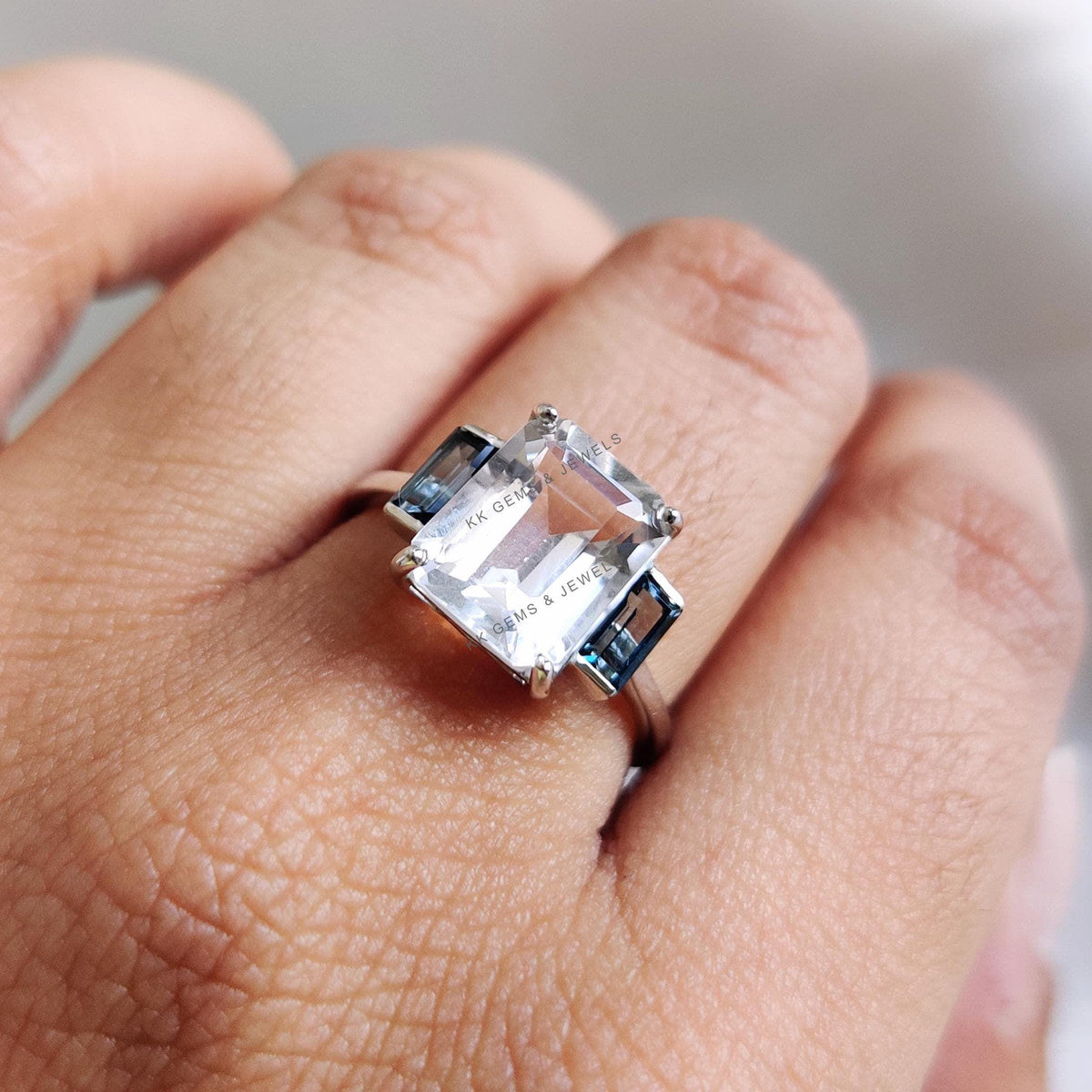 Natural White Topaz & London Blue Topaz 14K Solid White Gold Statement Ring