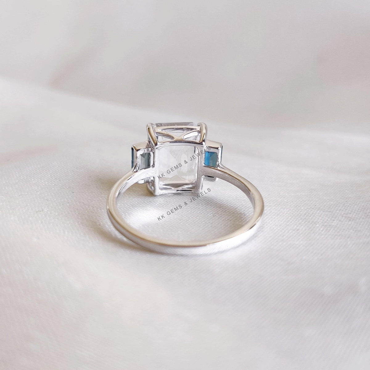 Natural White Topaz & London Blue Topaz 14K Solid White Gold Statement Ring