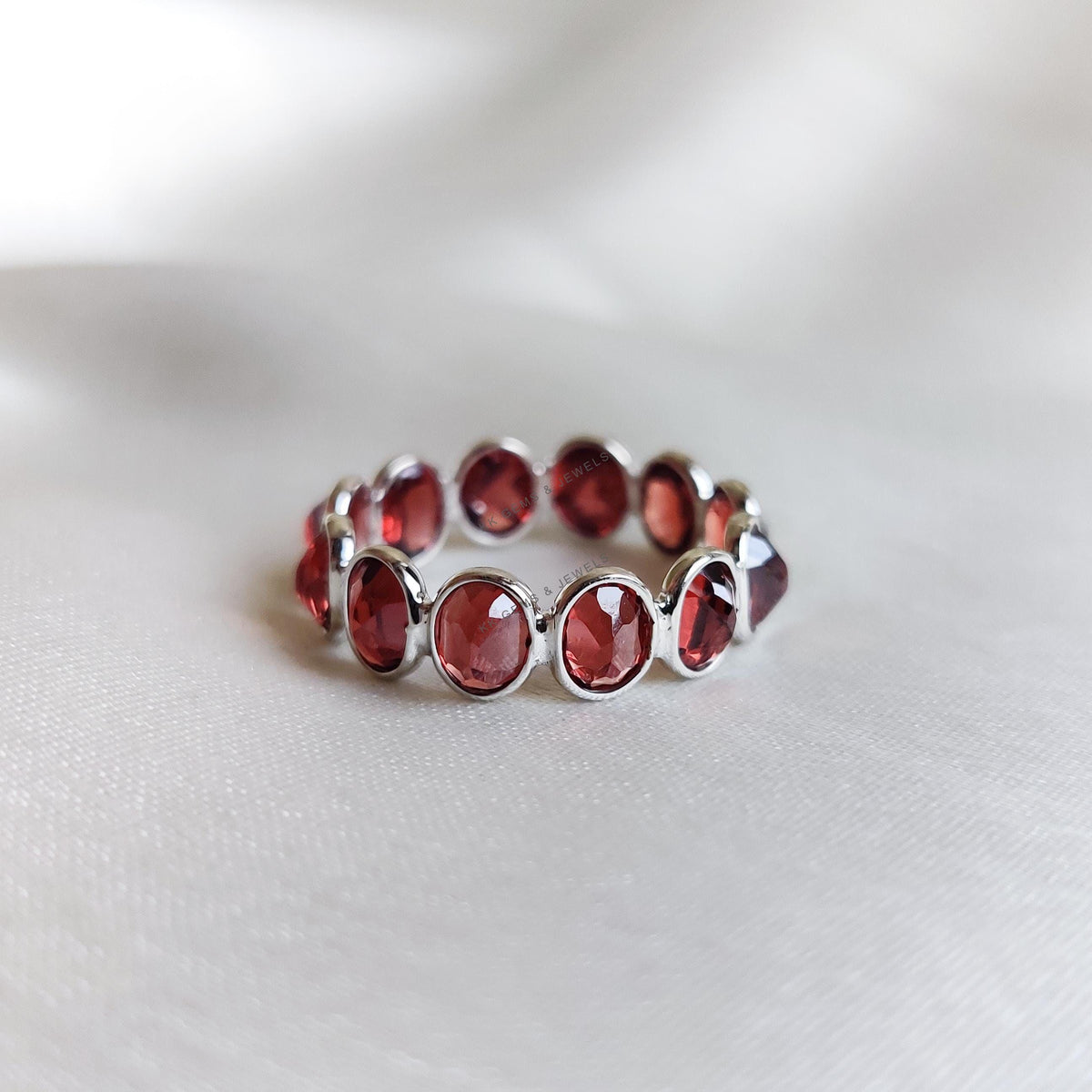 Natural Garnet Ring, 14K Solid White Gold Bezel Ring, January Birthstone