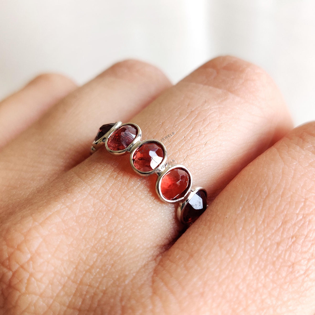 Natural Garnet Ring, 14K Solid White Gold Bezel Ring, January Birthstone