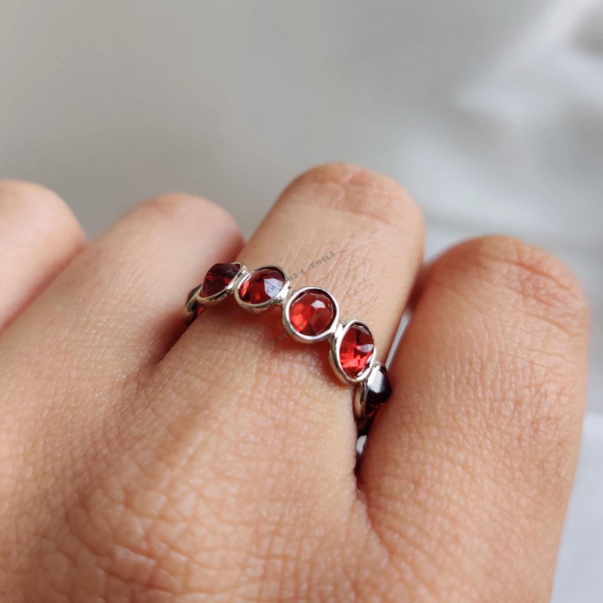 Natural Garnet Ring, 14K Solid White Gold Bezel Ring, January Birthstone