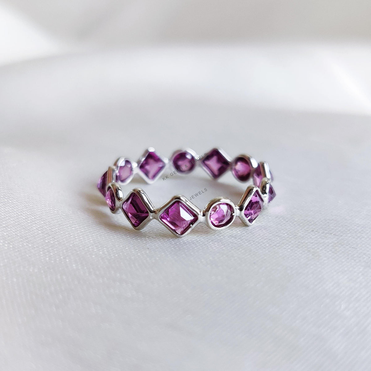 Natural Rhodolite Garnet Infinity Ring, 14K Solid White Gold Bezel Band, January Birthstone