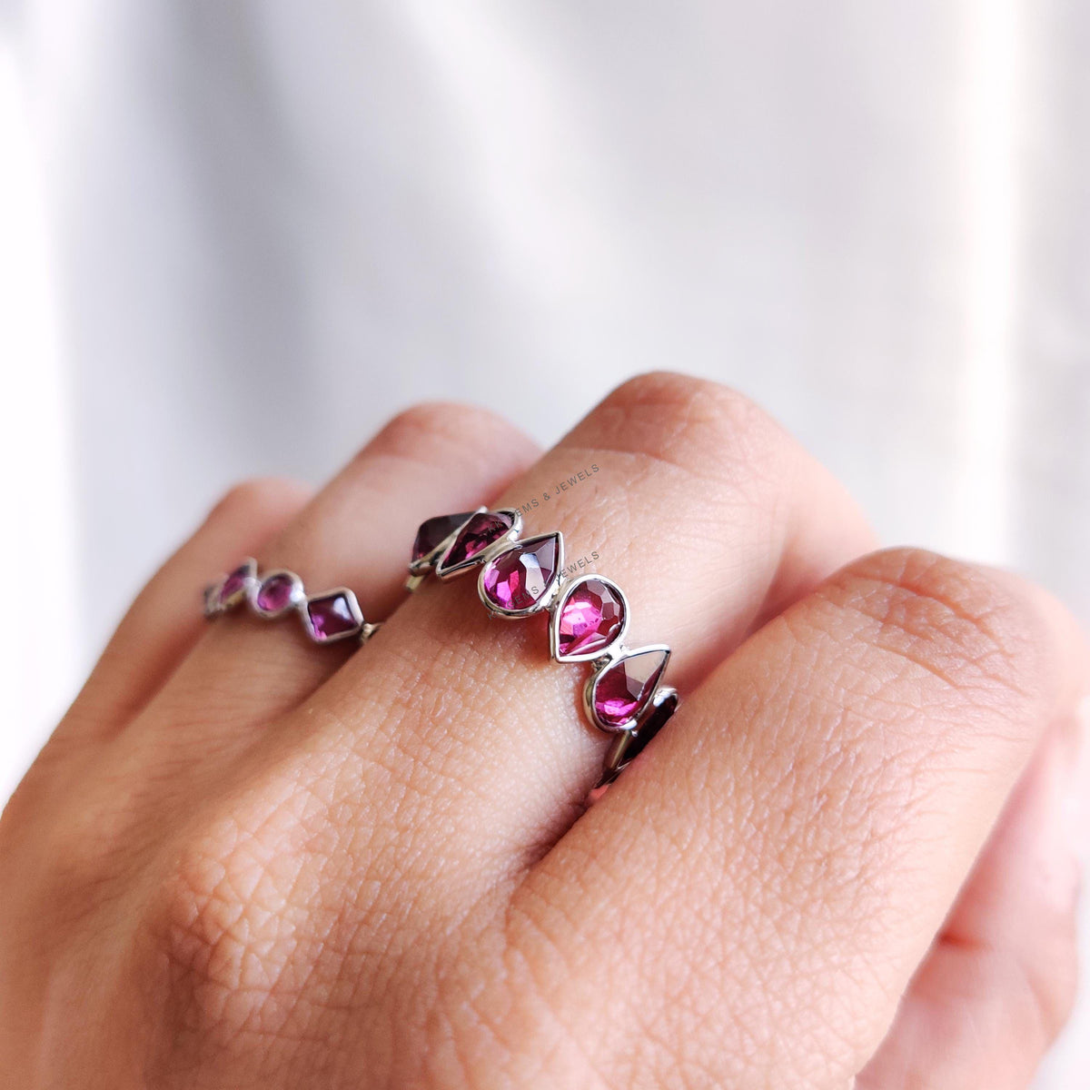 Natural Rhodolite Garnet Infinity Ring, 14K Solid White Gold Bezel Band, January Birthstone