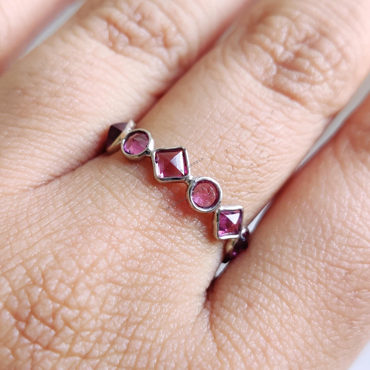 Natural Rhodolite Garnet Infinity Ring, 14K Solid White Gold Bezel Band, January Birthstone
