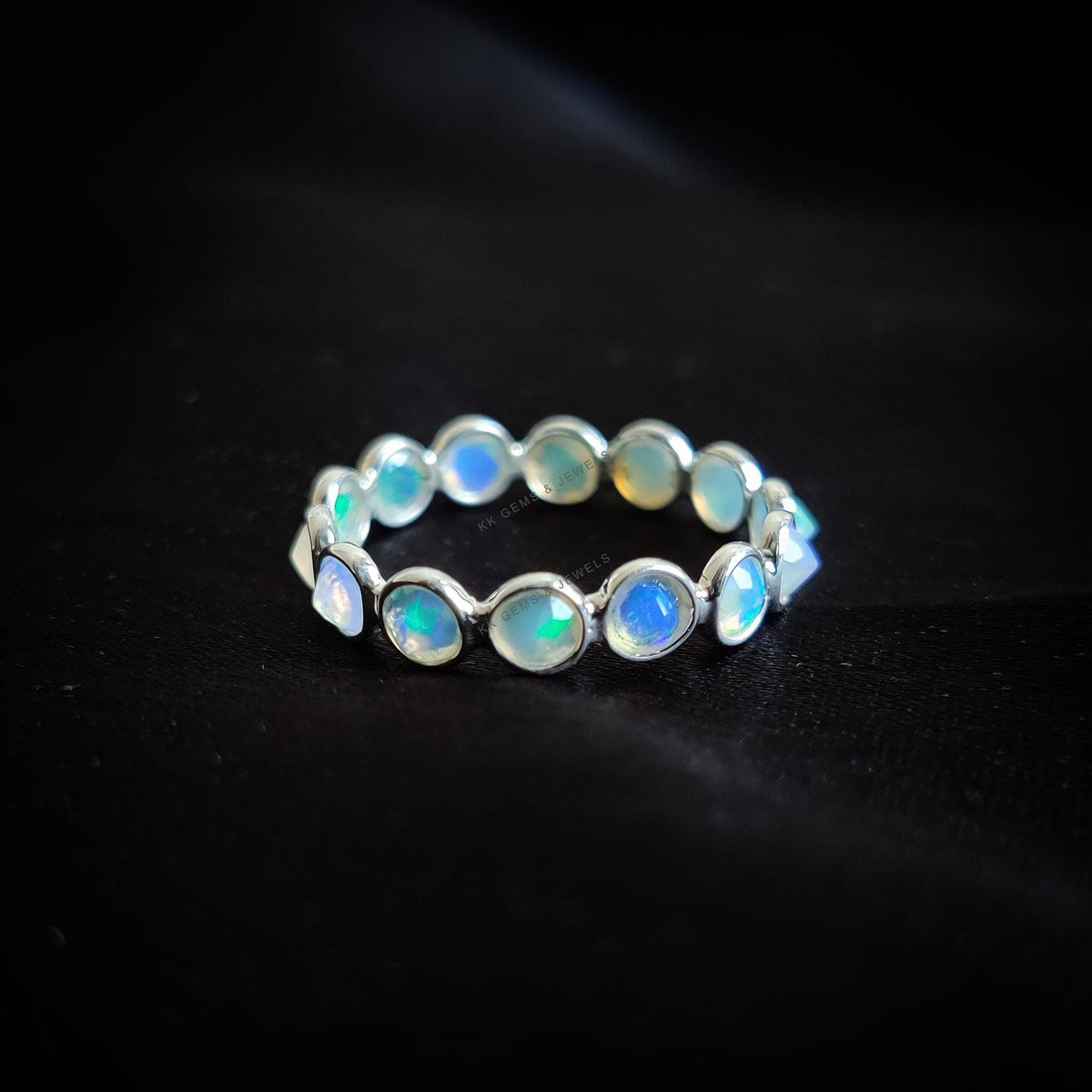 Natural Ethiopian Opal Ring, 14K Solid White Gold Bezel Infinity Band