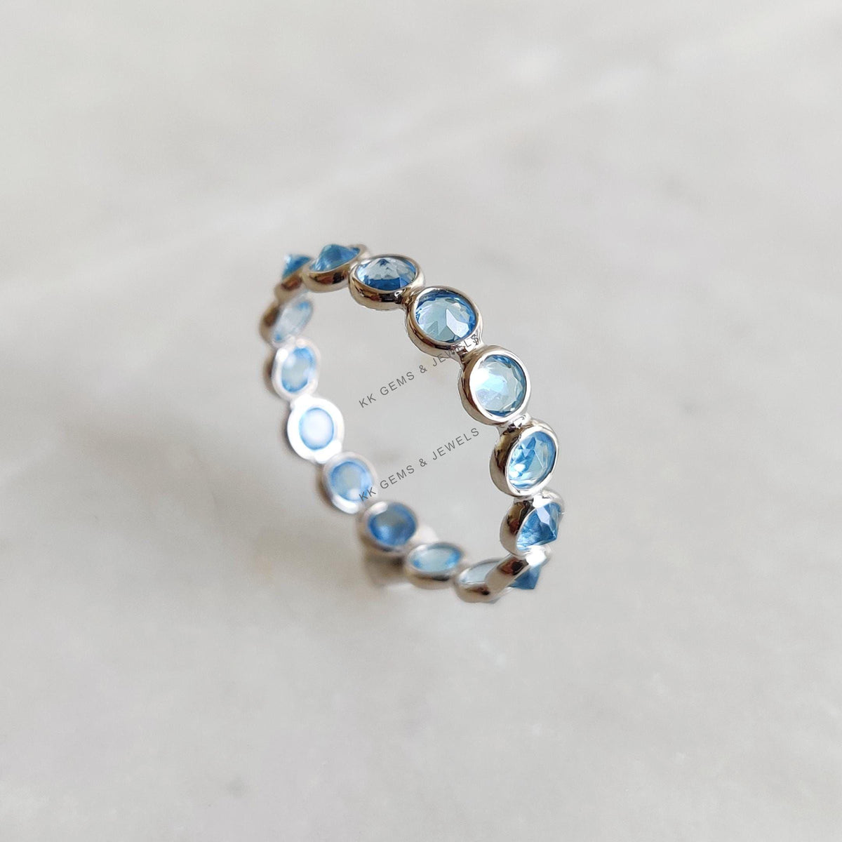 Natural Swiss Blue Topaz Ring, 14K Solid White Gold Bezel Infinity Band