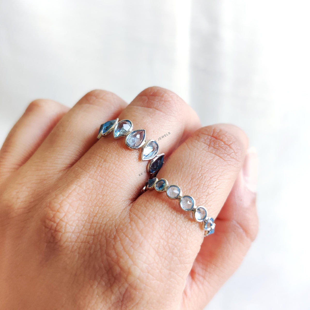 Natural Swiss Blue Topaz Ring, 14K Solid White Gold Bezel Infinity Band
