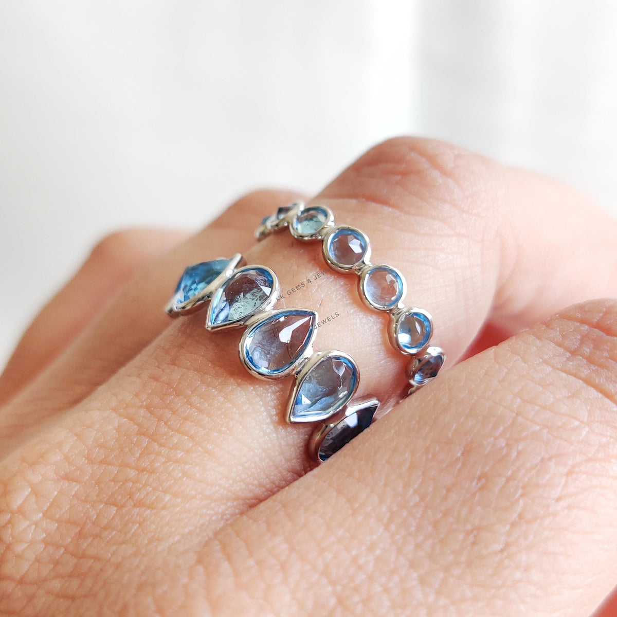 Natural Swiss Blue Topaz Ring, 14K Solid White Gold Bezel Infinity Band