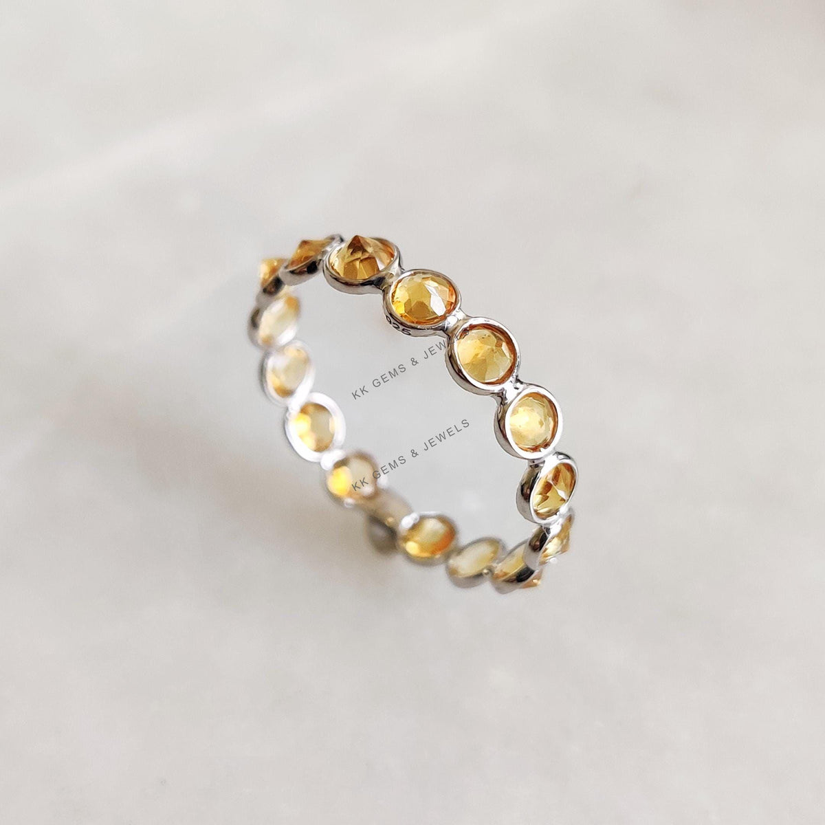 Natural Citrine 14K Solid White Gold Ring, Bezel Eternity Band