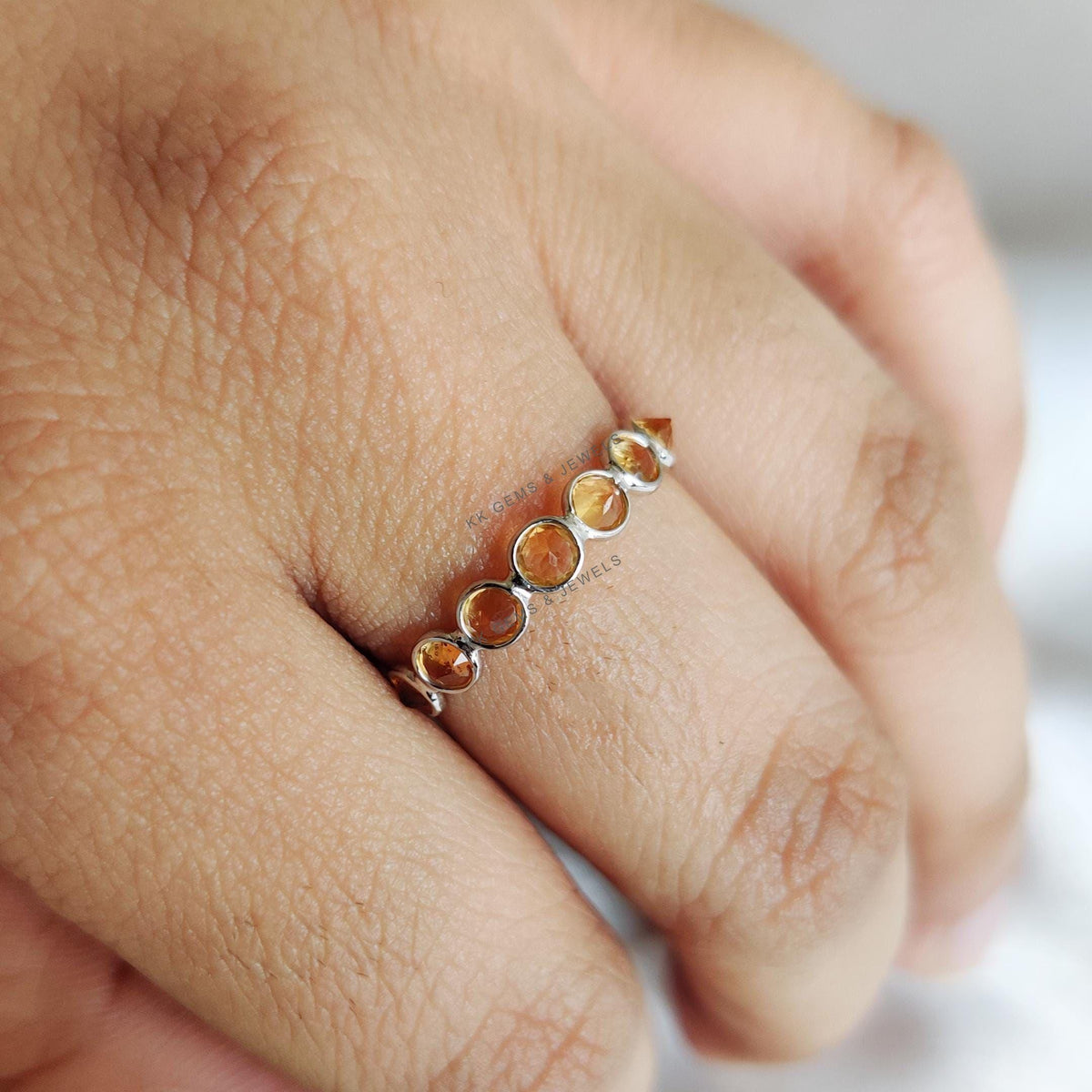 Natural Citrine 14K Solid White Gold Ring, Bezel Eternity Band