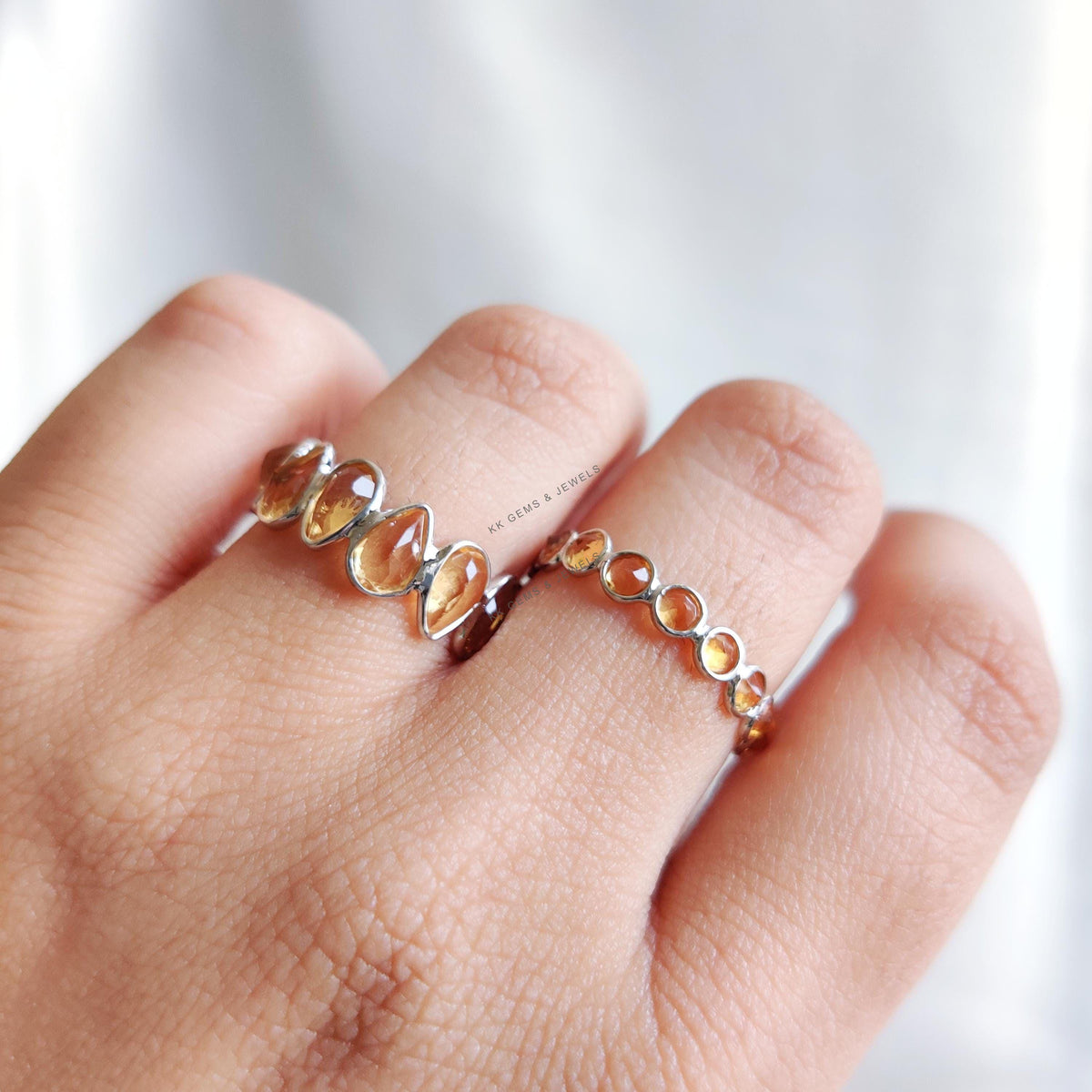 Natural Citrine 14K Solid White Gold Ring, Bezel Eternity Band