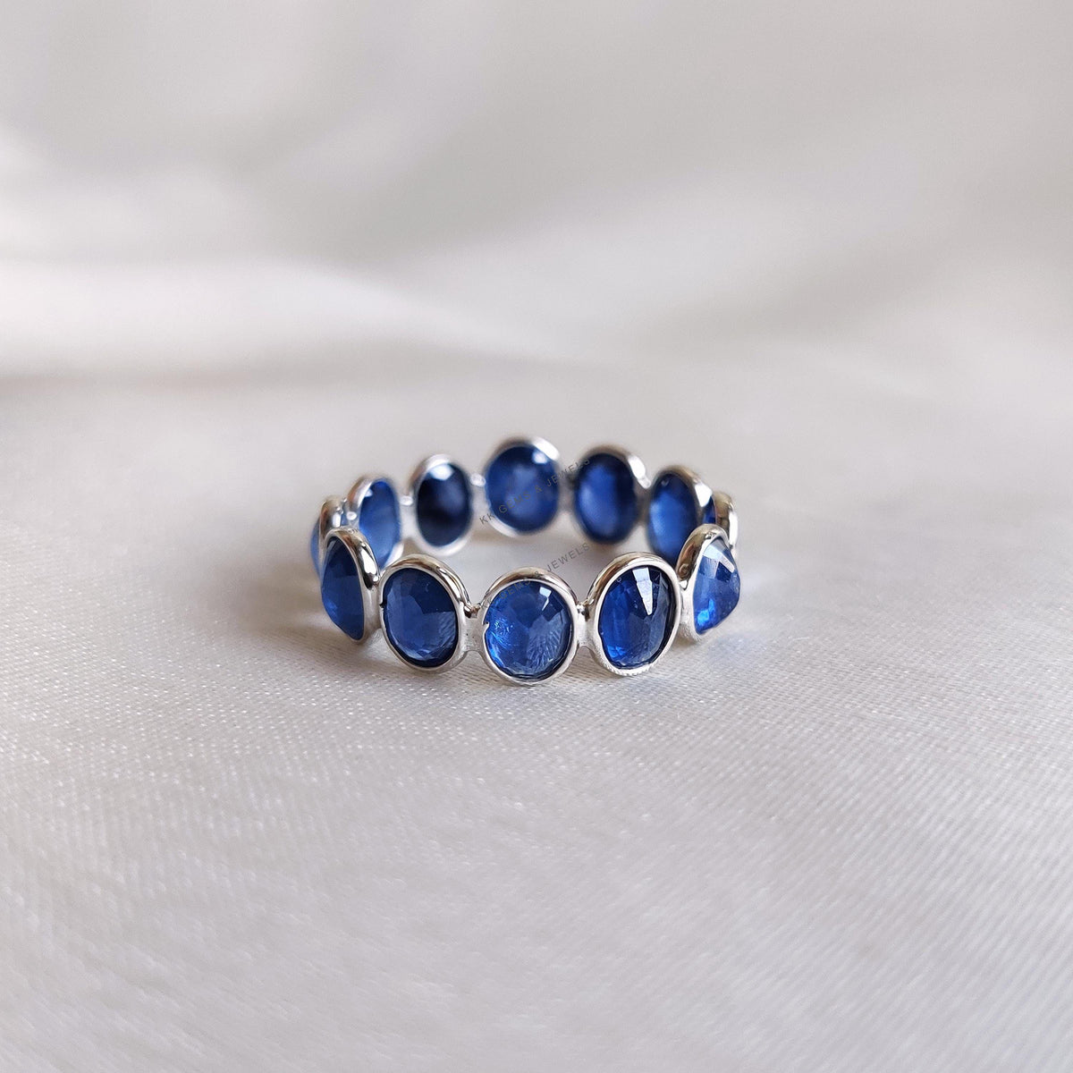 Natural Blue Sapphire 14K Solid White Gold Bezel Infinity Ring, September Birthstone