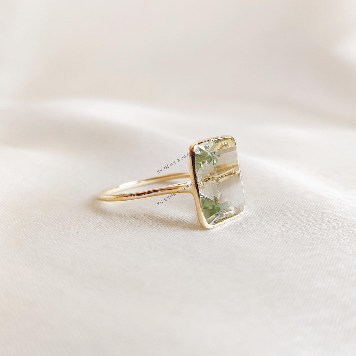 14K Solid Gold Natural Green Amethyst Ring: Octagon Bezel Ring, February Birthstone