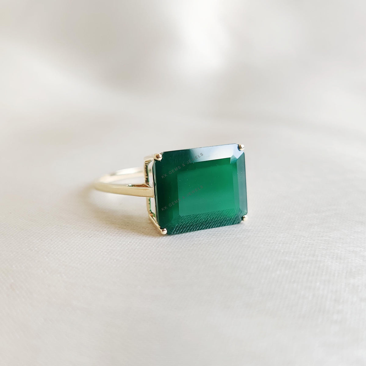 14K Solid Gold Natural Green Onyx Ring, Octagon Prong Setting Ring