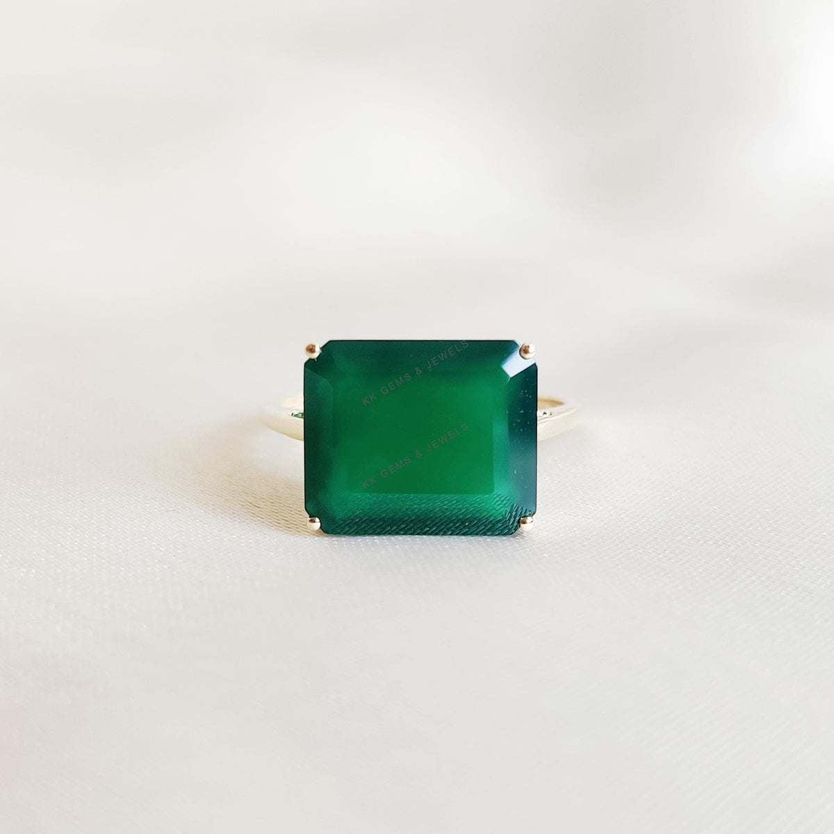 14K Solid Gold Natural Green Onyx Ring, Octagon Prong Setting Ring